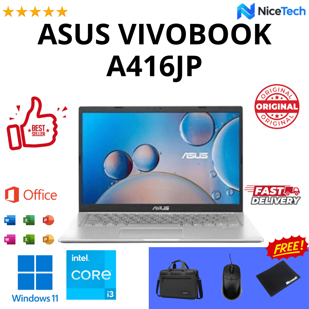 LAPTOP ASUS VIVOBOOK A416JP i3 -1005G1 NVIDIA MX330 RAM 8GB SSD 512 SSD 14" INCH FHD FINGER PRINT BA