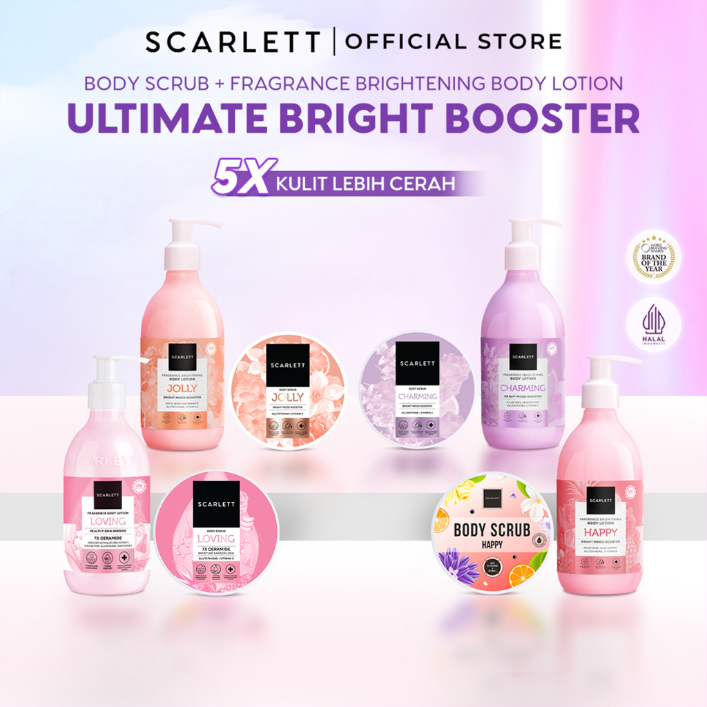 Scarlett Whitening Bundle Body Lotion + Body Scrub ( Jolly, Romansa, Charming, Happy )