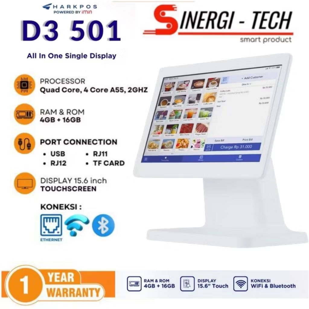 POS Touchscreen Mesin Kasir Android 11 D3 501 Single Monitor 15'6 Inch iMin Single Display 4GB RAM 1