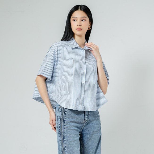 This Is April Hampton Top Kemeja Stripe Wanita Lengan Pendek Korean Look Blue Dan Pink