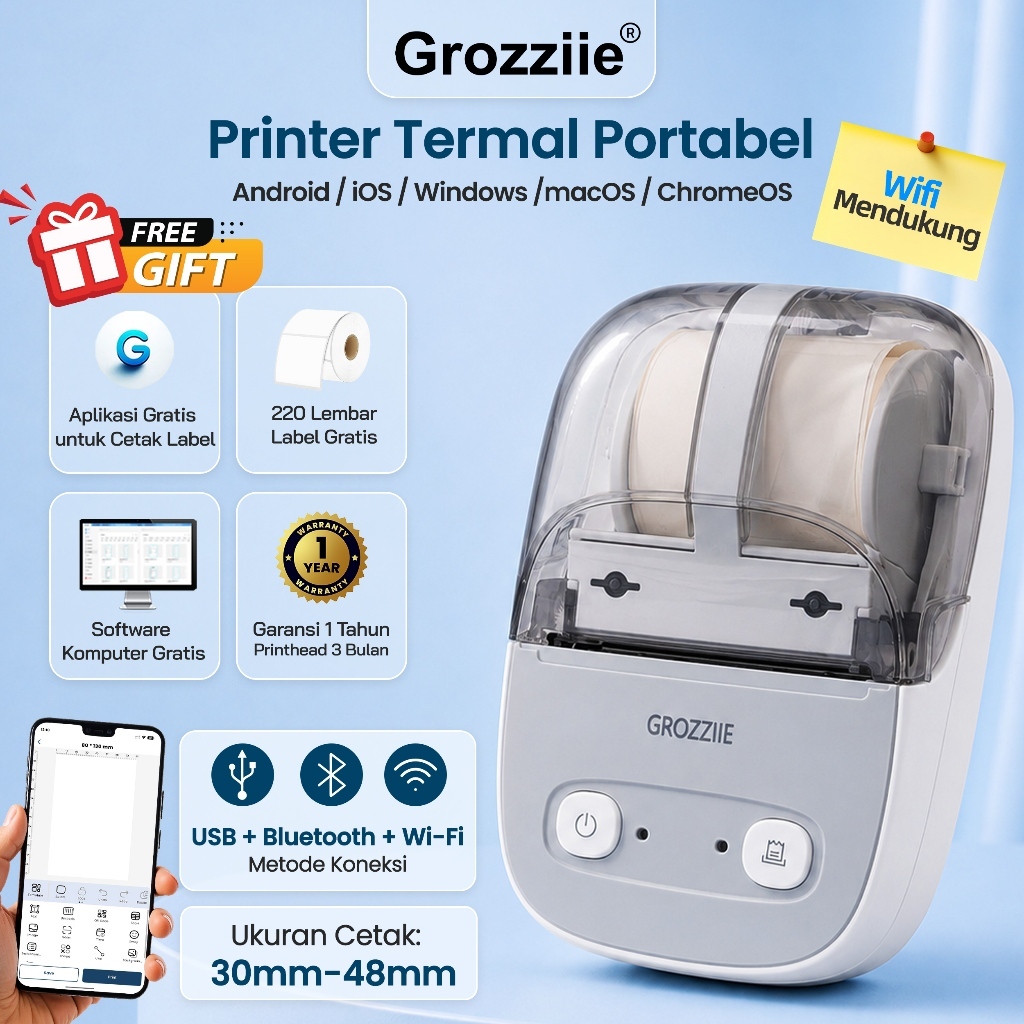 GROZZIIE Thermal Label Printer, Bluetooth Mini Label Maker Printer