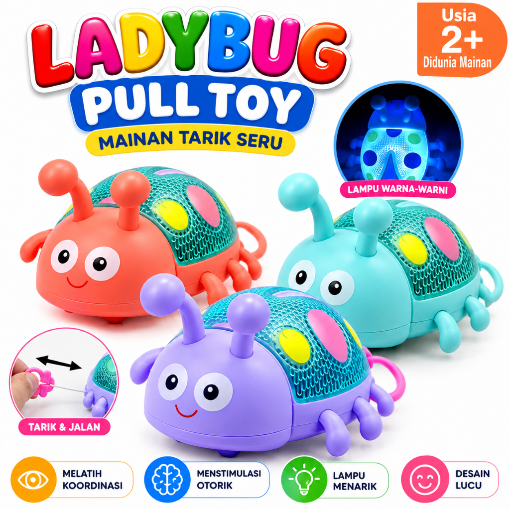 Mainan Anak Bayi Ladybug Serangga Kumbang Tarik Berjalan Lampu LED