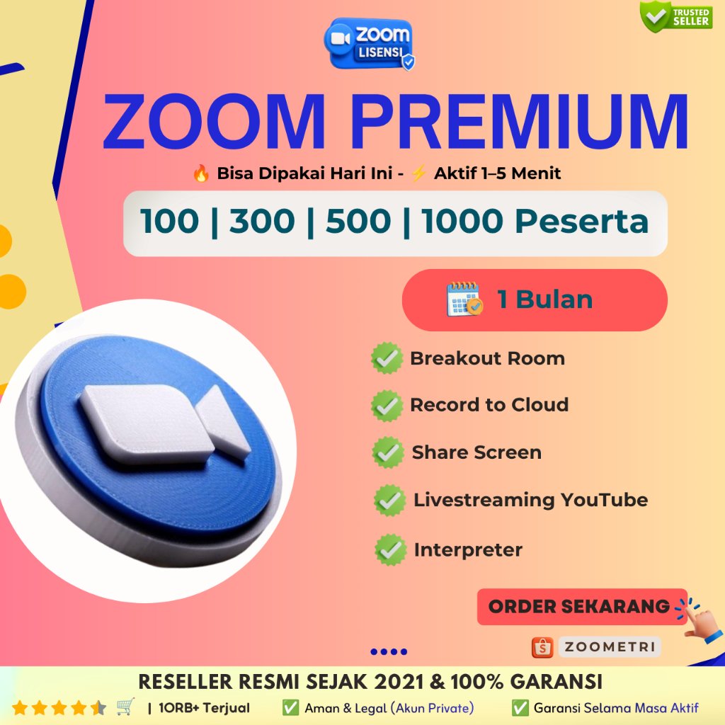 Zoom 1 Bulan Premium Kapasitas 100/300/500/1000 Peserta