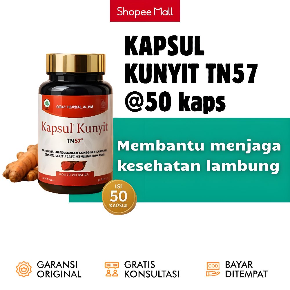 KAPSUL KUNYIT TN57 Ekstrak Jamu Kunyit Bubuk Asli 50 Kapsul Obat Kanker Maag Herbal Asam Lambung Imu