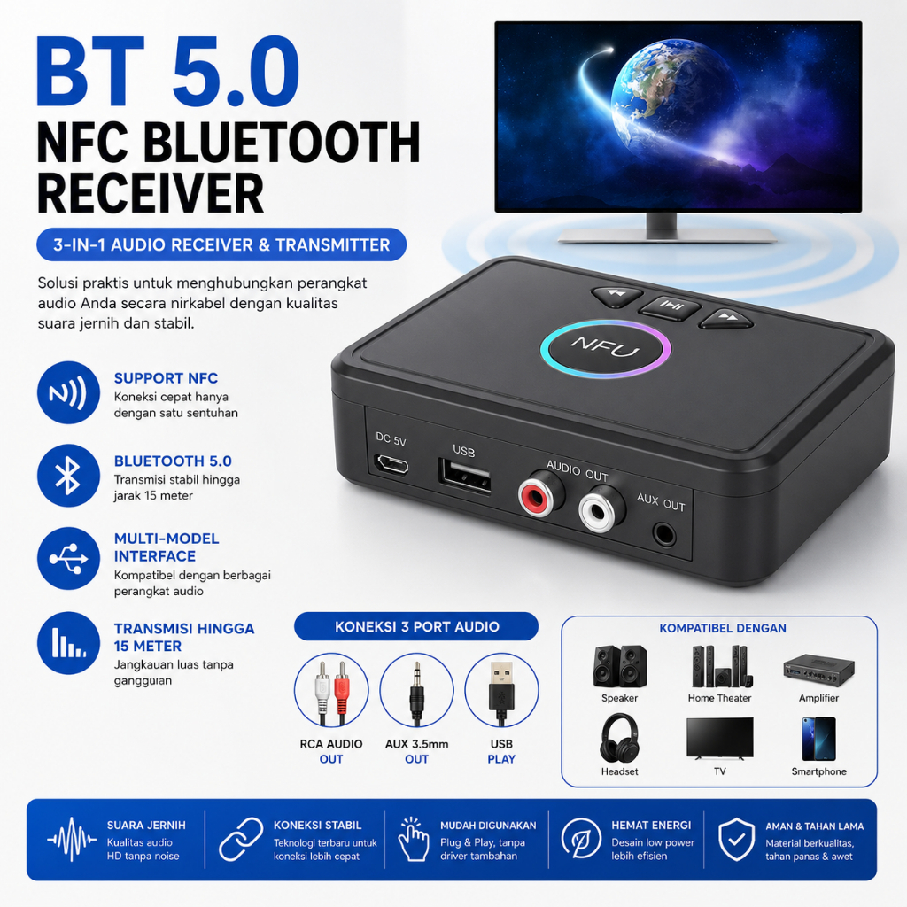 Audio Bluetooth 5.0 Receiver Adapter NFC RCA AUX Spiker Audeo Blutut Speaker Universal Bluetoth Spek