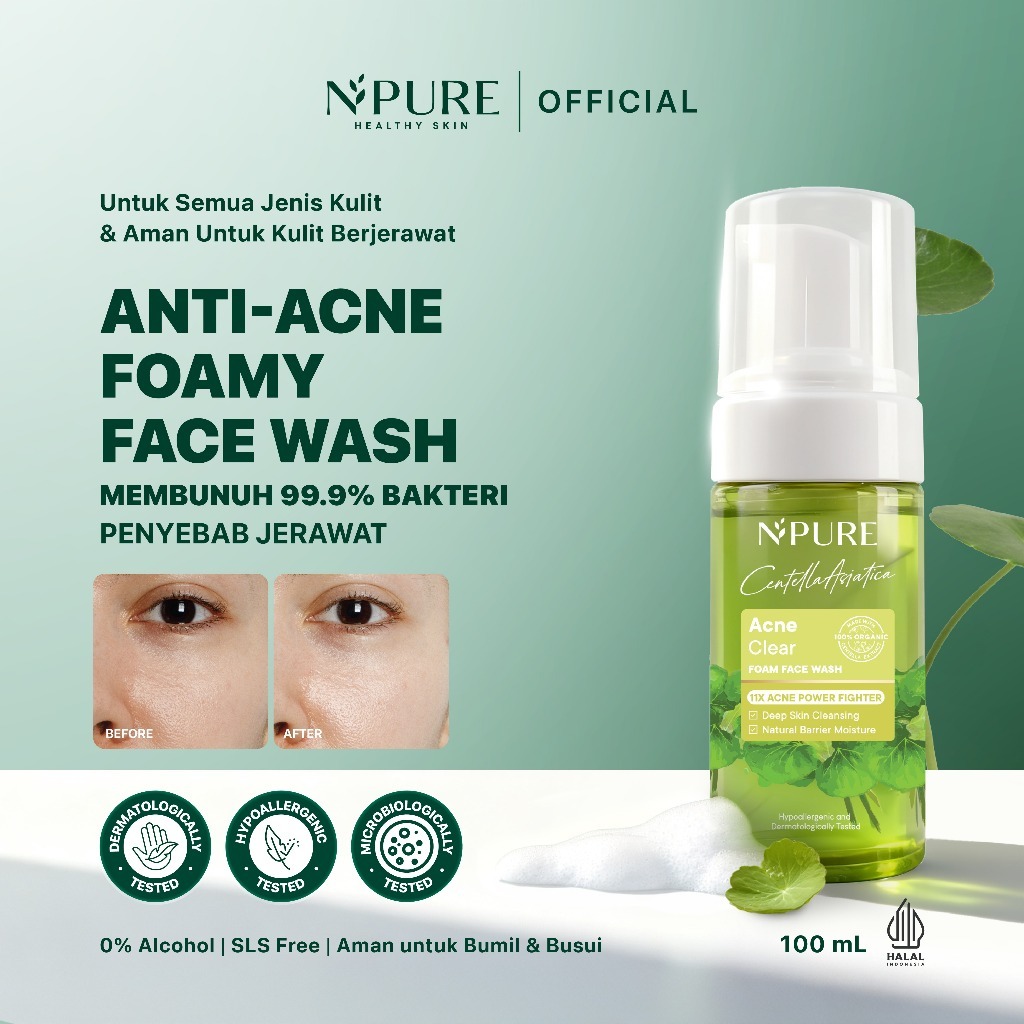 NPURE Cica (Centella) Facial Wash 100 ml / Facial Foam / Anti bakteri jerawat / Non-acnegenic / Anti Komedo / No SLS SLES Alcohol / Aman Bumil Busui / Pembersih Wajah / Sabun Cuci Muka / Hypoallergenic / Dermatologically / Aman Bumil Busui / HALAL