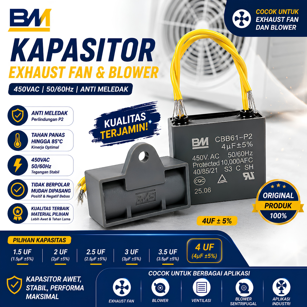 Kapasitor CBB61 450V AC 2uF 2.2uF 2.5uF 3uF 3.5uF Kabel Anti Meledak P2 Capasitor Kipas Dapur Ceilin