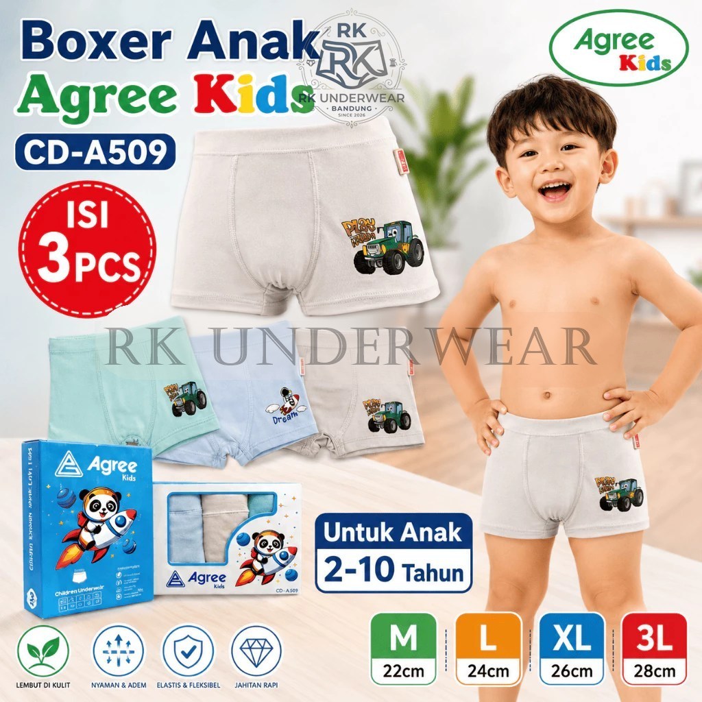 Celana Dalam Anak Boxer CD Agree Katun Lembut Uk M-XXL Murah