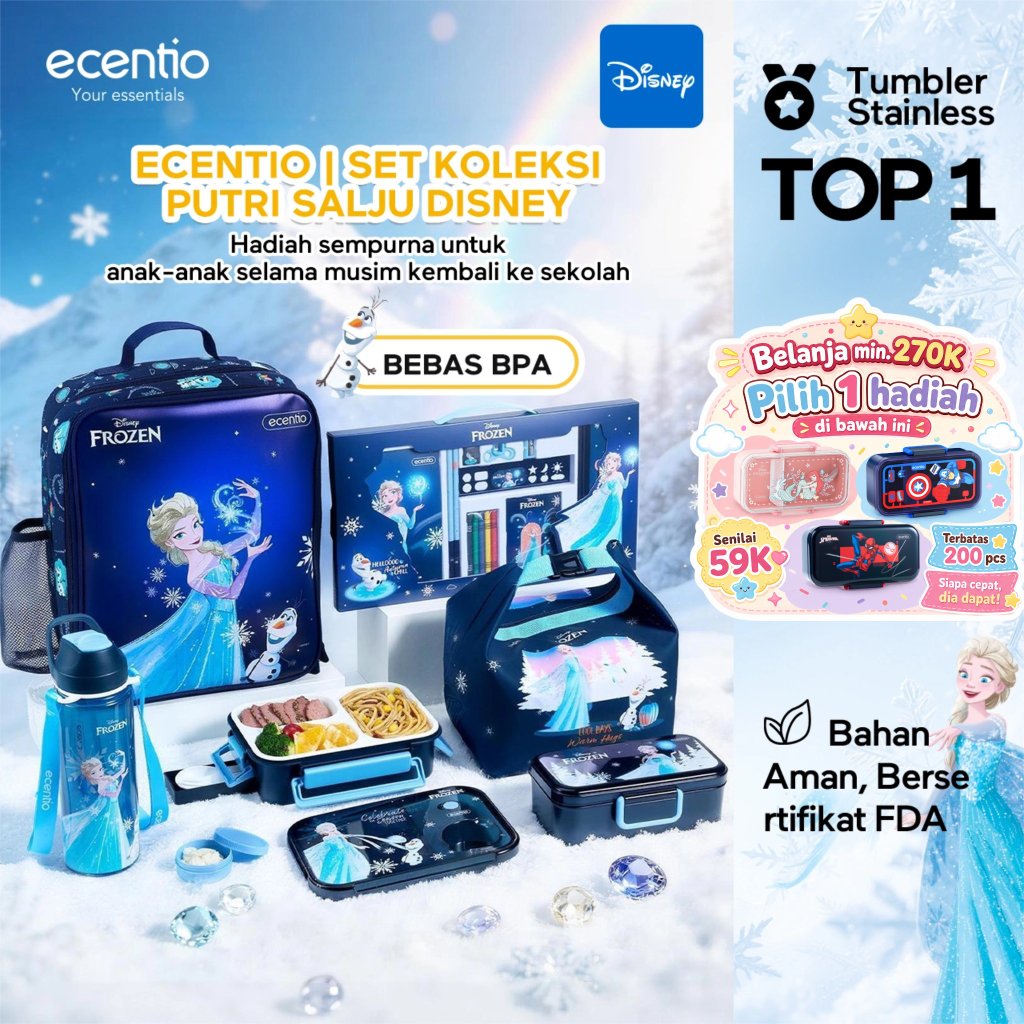 [Back To School] ecentio Disney Elsa botol minum anak & kotak makan anak 800ml anti tumpah lunch box