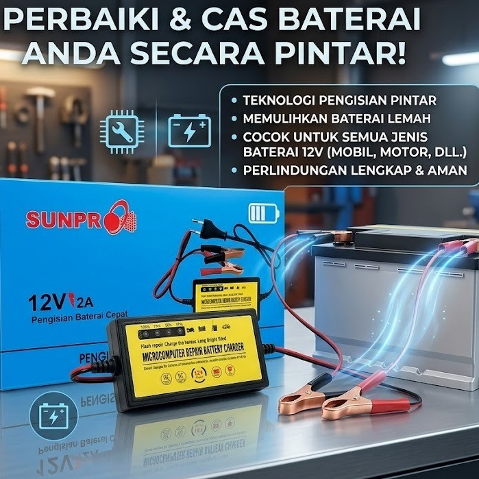SUNPRO Charger Aki Pintar 12V 2A Mikrokomputer - Pengisi Daya & Perbaikan Cepat (Mobil/Motor)