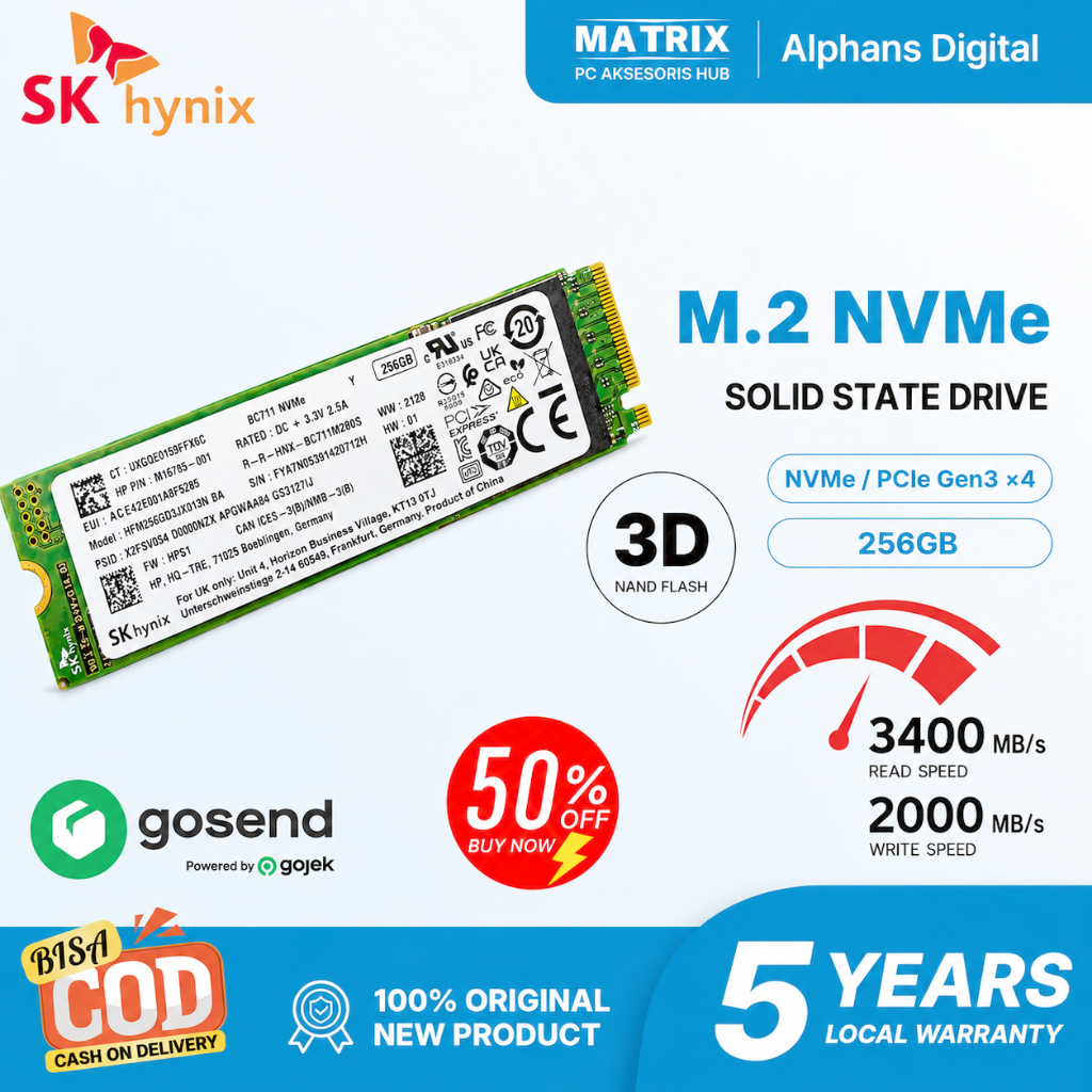 SSD NVMe SK hynix BC711 M.2 2280 128GB 256GB 3400MB/s Garansi 3D NAND TLC untuk Laptop PC