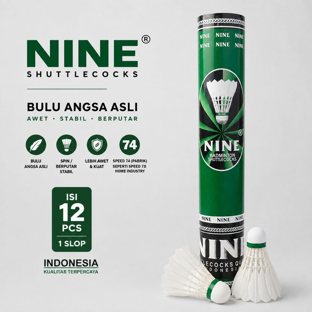 Shuttlecock NINE Hijau Original Speed 74 | Kok Nine Badminton Bulutangkis Isi 12 PCS