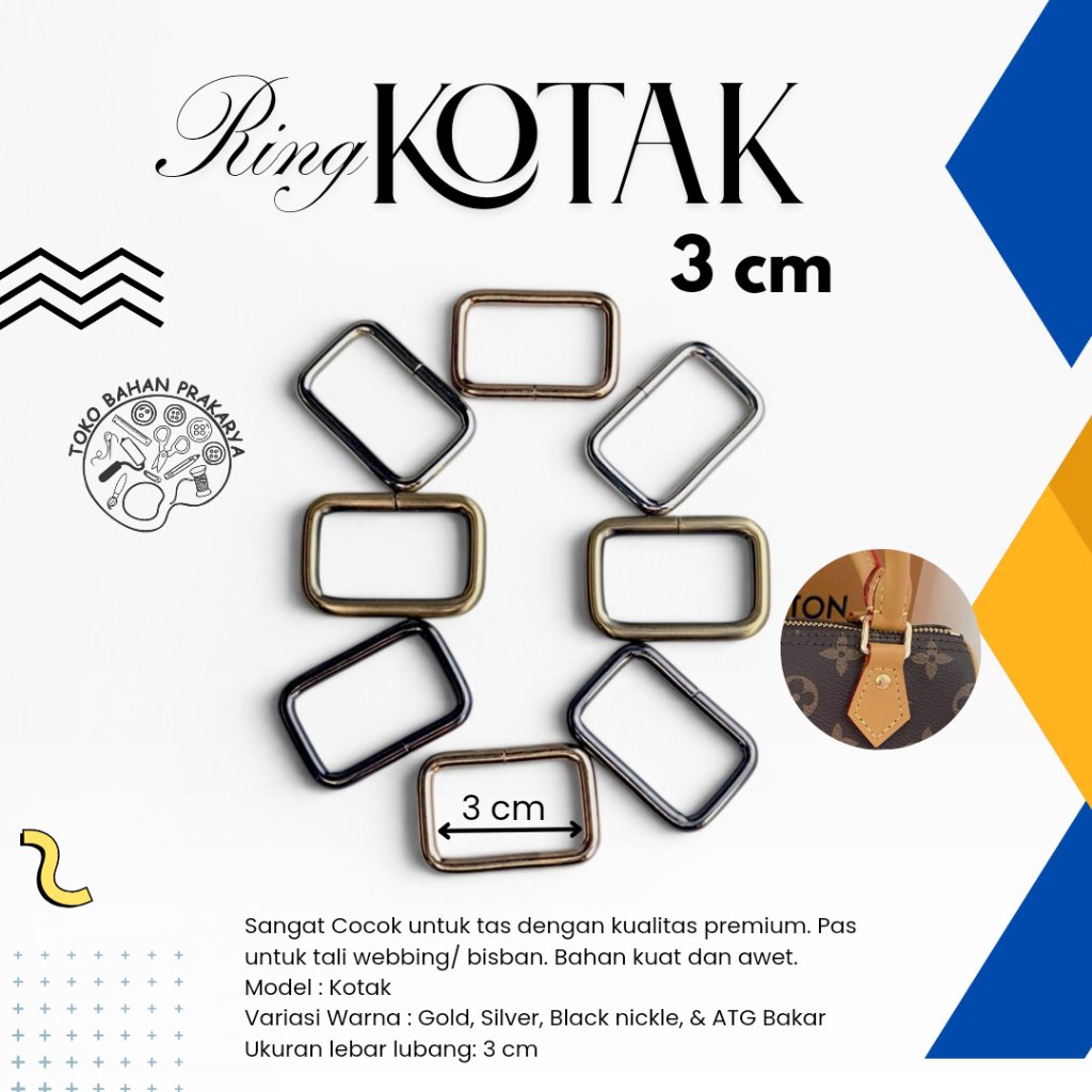 Ring Kotak Tas 3 cm Besi Tebal ATG (Bakar), Silver, Black Nikel(BN),dan Gold/ Ring Kotak/ Square Rin