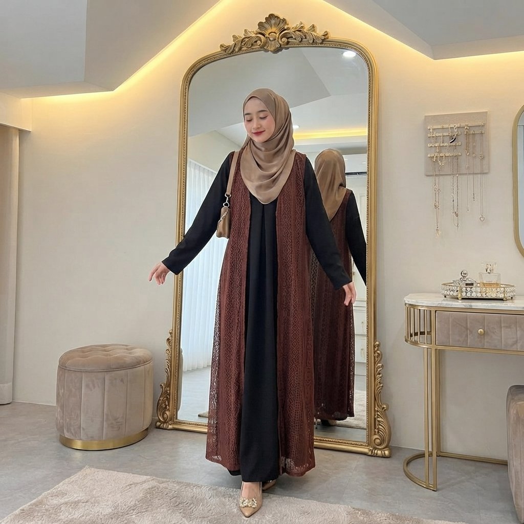 Outer Wanita Kekinian Panjang Fashion Muslim Cardigan Brokat Lebaran Tanpa Lengan Long Oter Luaran K