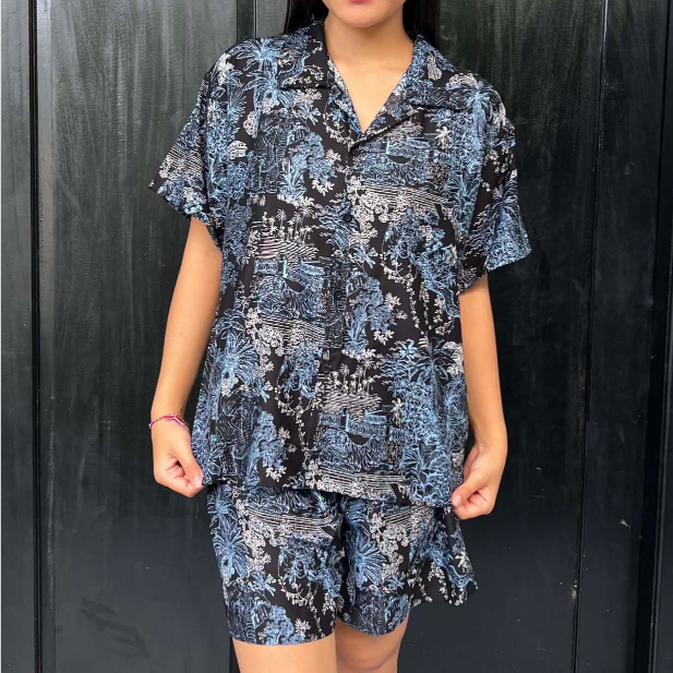 1 set baju santai Murah One set Pyama rayon setelan kameja celana pendek Motif abstrak terbaru harga