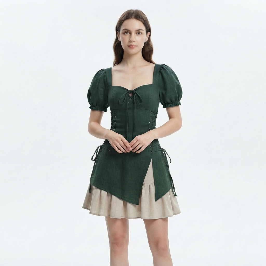 [PREMIUM] Atasan Corset Linen / Dress Layer Vintage Cottagecore Puff Sleeve Set- Emerald Green