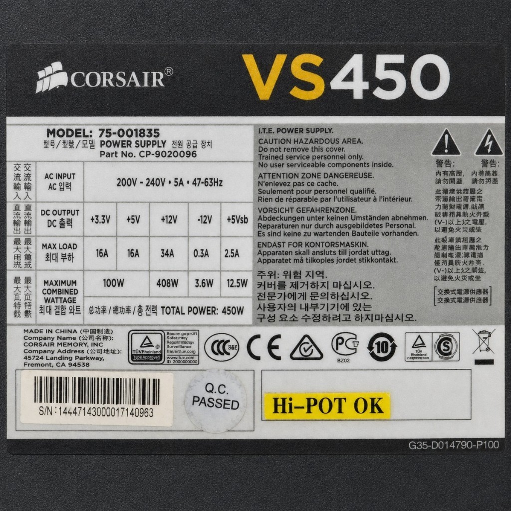 PSU Corsair VS450 450W Power Supply PC Bekas Lengkap Kabel