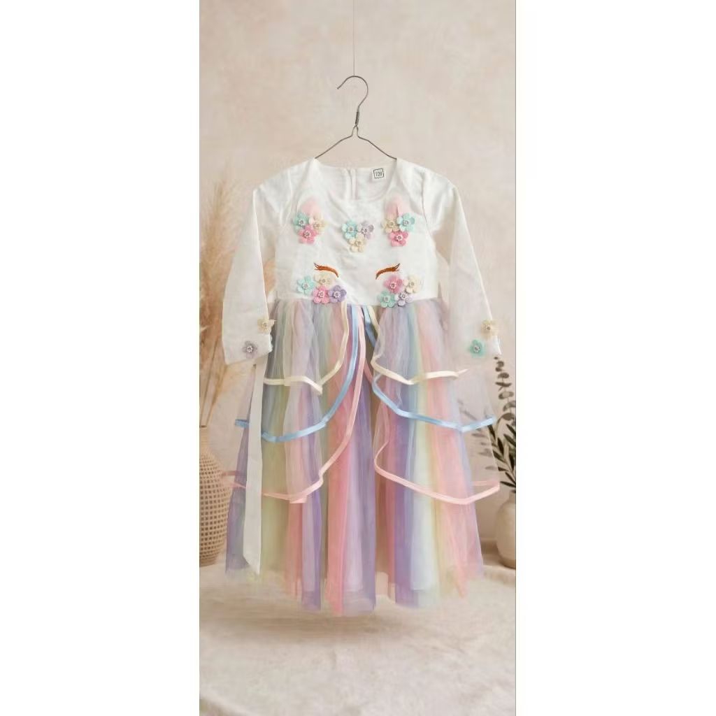 Dress Anak Perempuan Putih dengan Renda Tulle Pelangi dan Bunga 3D Lengan Panjang