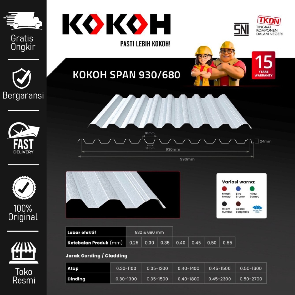 Atap Spandek Galvalume Zincalume, Kokohspan 930mm