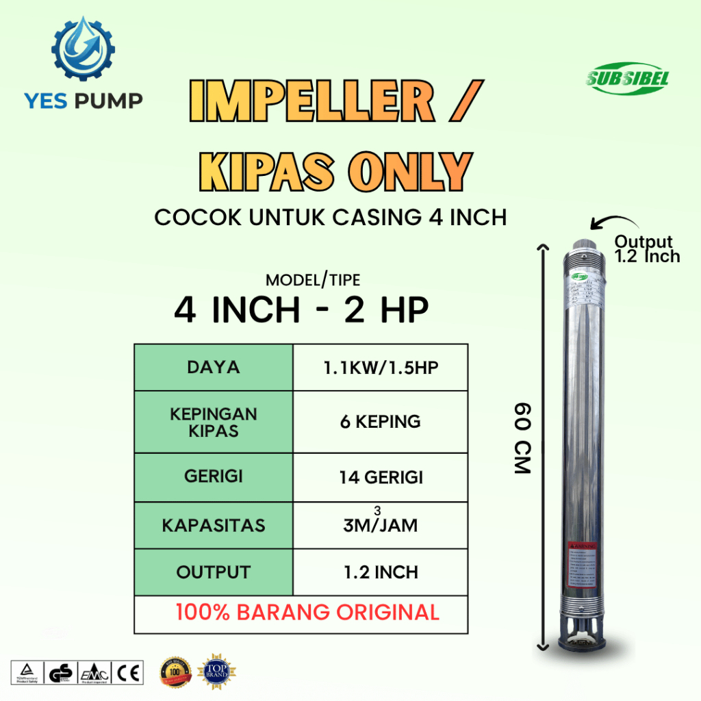 Kipas / Impeller Pompa Air Submersible 4 Inch 3/22 2HP | Output 1.2 Inch | 3M³/Jam