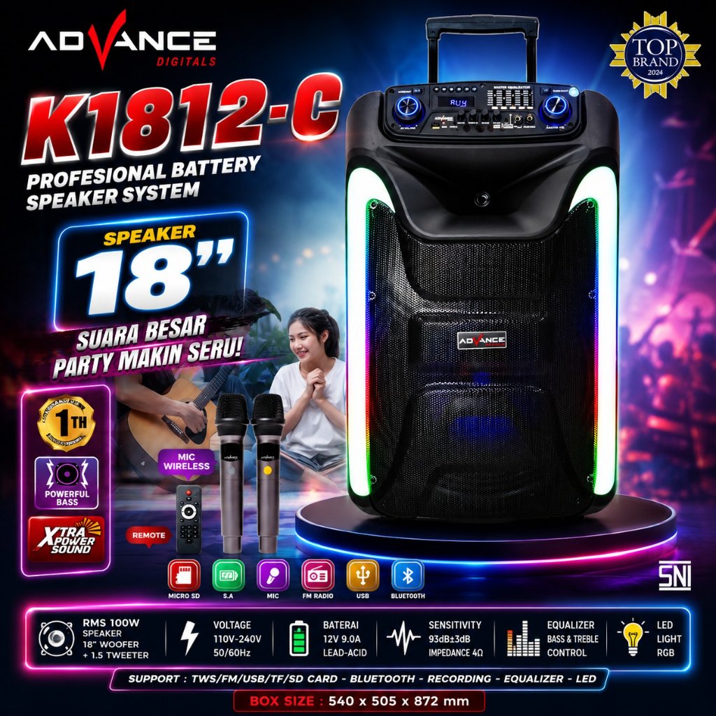 ADVANCE SPEAKER PORTABLE BLUETOOTH TROLI 18" K-1812C