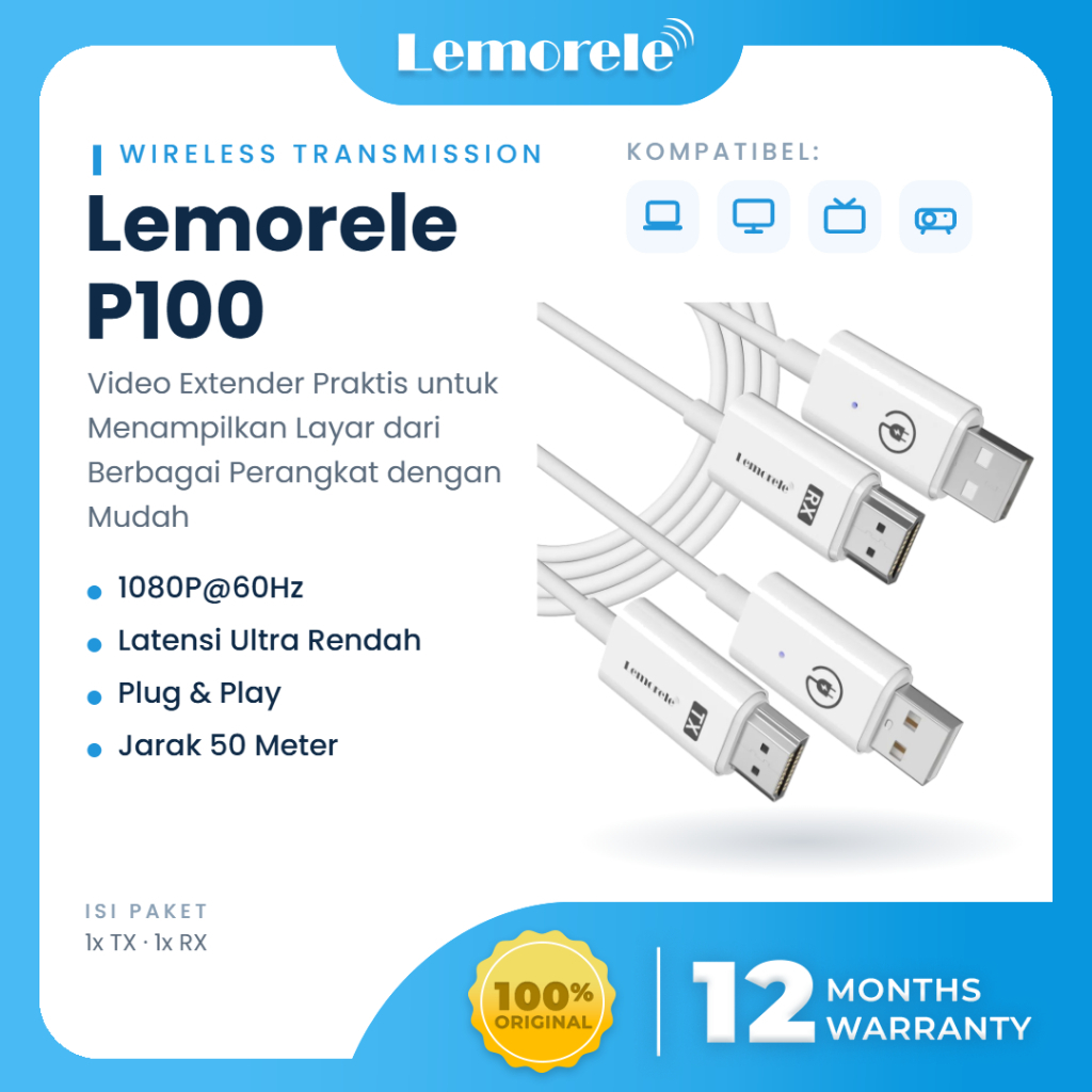 Lemorele P100 Wireless HDMI Video Transmission Kit 1080P 60Hz 50m 5GHz Plug & Play Sender Receiver T
