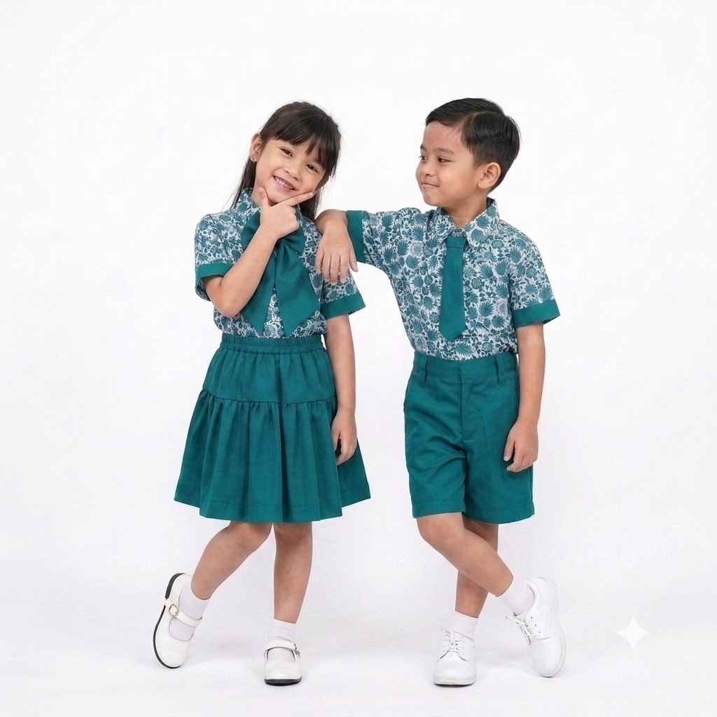 Setelan Seragam Batik PAUD Nazwa Hijau Tosca - Seragam Sekolah Anak TK/PAUD Laki-laki & Perempuan