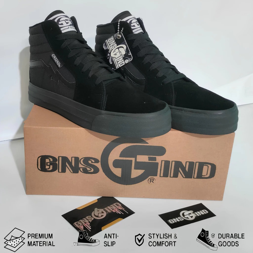 Sneakers Sekolah Gns Ind Original Full Black GN'96 High Sepatu Booth Hitam Polos Gns'Ind