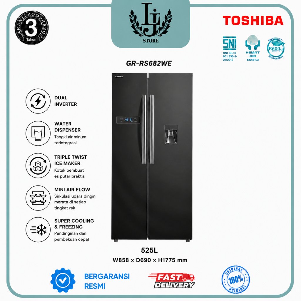 Kulkas Toshiba 2 Pintu Side By Side GR-RS682WE-Water Dispenser Dual Inverter