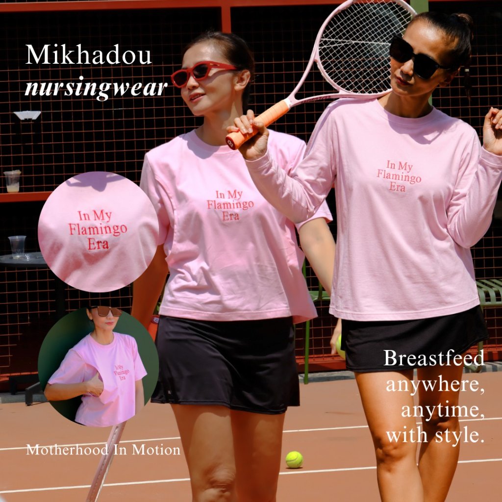 Mikhadou - Nursingwear Tee -  Motherhood Flamingo Era Baby Pink/ Baju Menyusui Lengan Pendek / Lenga