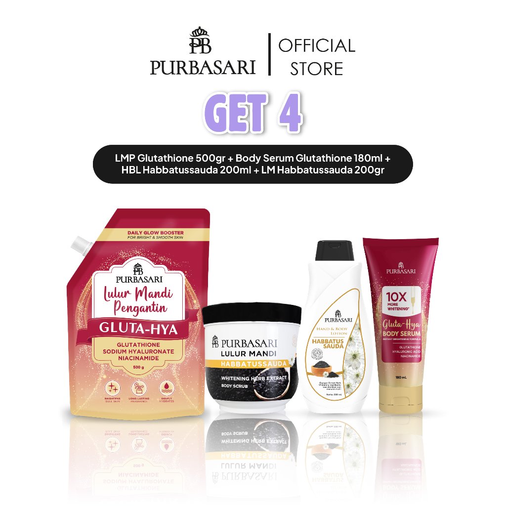 [GET 4] Purbasari Lulur Mandi Pengantin 500gr + Body Serum Glutathione 180ml + Hand & Body Lotion Habbatusauda 200ml + Lulur Mandi Habbatusauda 200gr