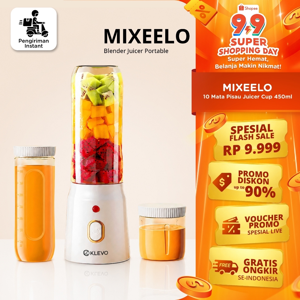 KLEVO MIXEELO BLENDER JUICER PORTABLE 10 Mata Pisau Juice Cup Mini 450ml Rechargeable - HM