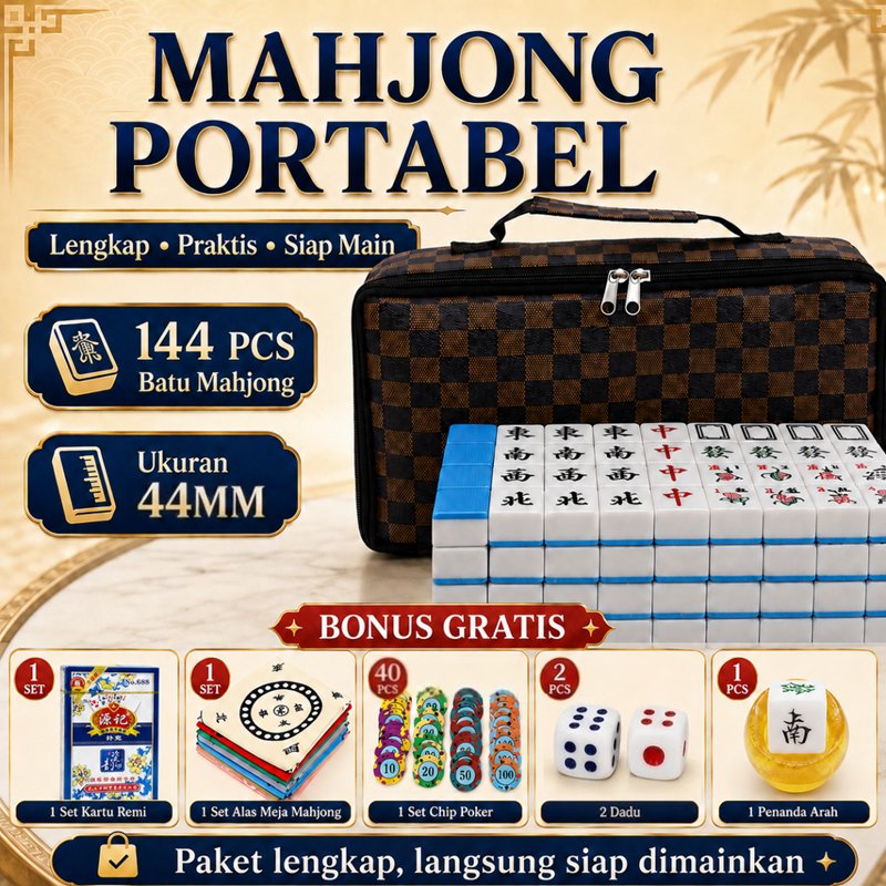 Mahjong 44mm 144 Pcs Set Ukuran Besar Portabel Tas Penyimpanan Bonus Lengkap