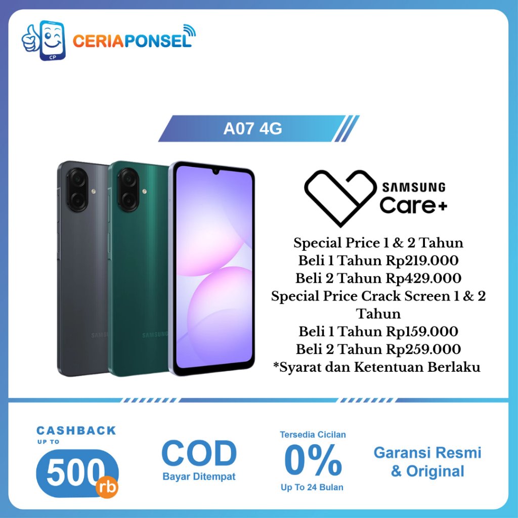 Samsung Galaxy A07 4G 4/64GB, 4/128GB  Helio G99 50MP 5000mAh | Garansi Resmi SEIN 1 Tahun