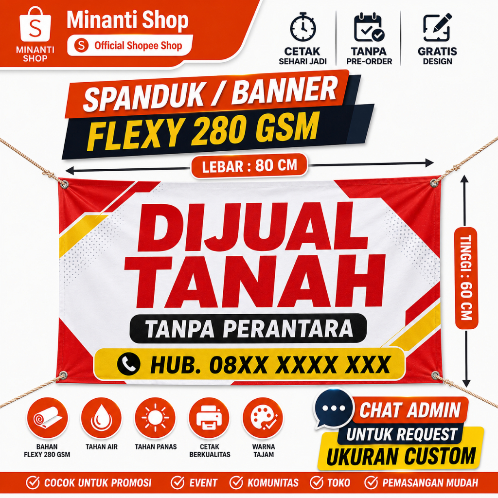 Cetak Spanduk Banner Rumah Dijual / Ruko Disewakan / Dikontrakan / Disewakan / Kost / Sawah / Kios T