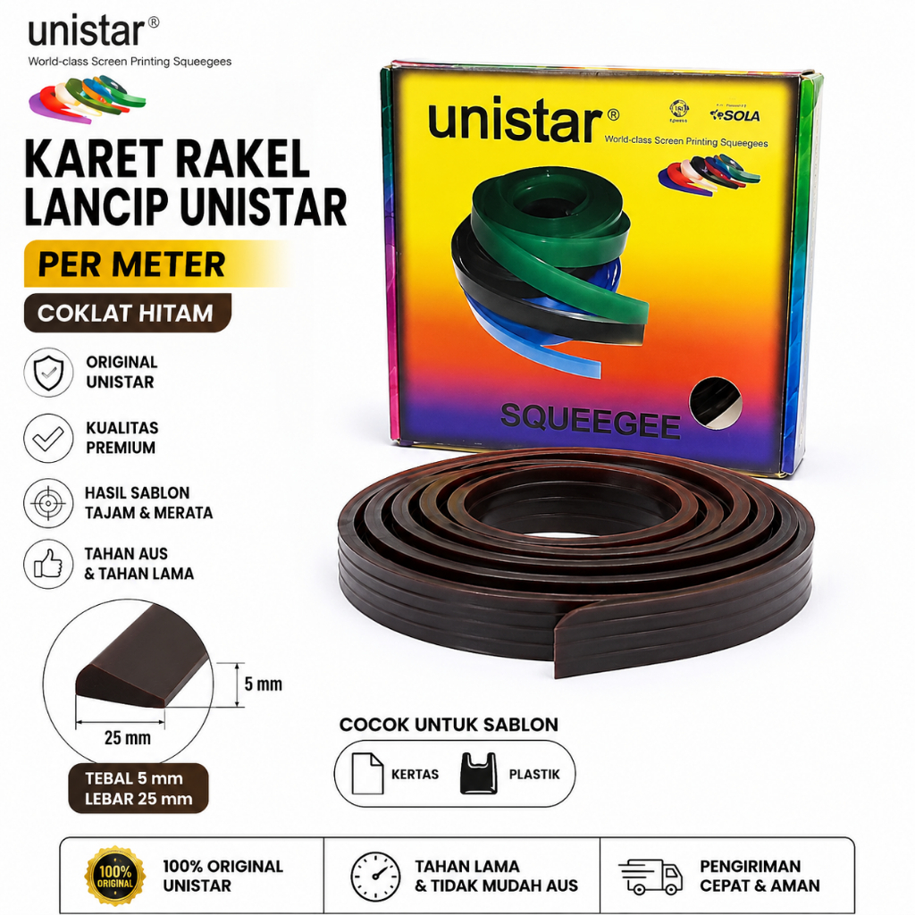 Original Karet Rakel Lancip Unistar Tebal 5 mm Lebar 25mm Per Meter Coklat Hitam Sablon Plastik Kert