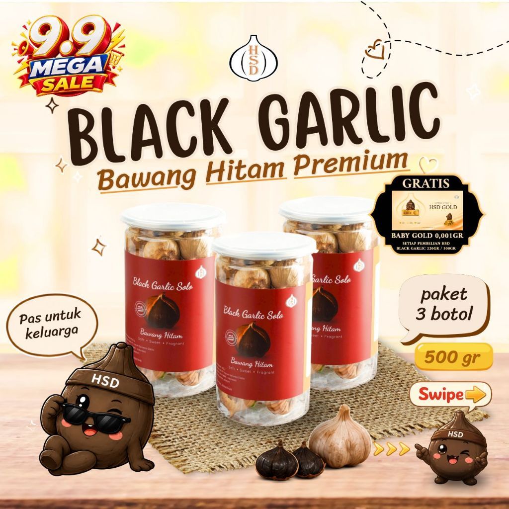 3 Botol 500 Gr HSD Black Garlic Bawang Hitam Premium BPOM Halal Rempah Sehat Fermentasi 90 Hari