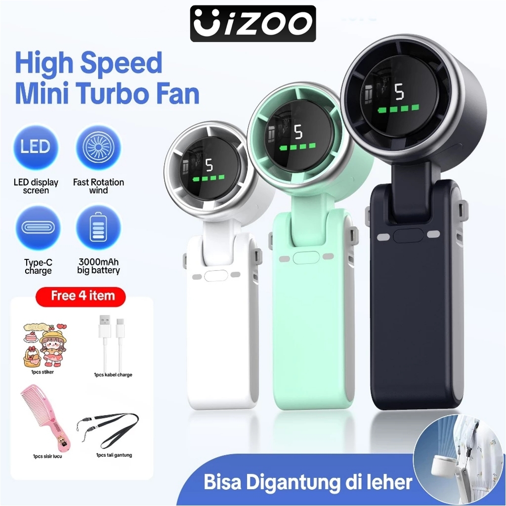 UiZOO FN53 Kipas Genggam Lipat Fleksibel 180° Dengan Lanyard 5 Gear 3000 mAh Kipas Angin Turbo Foldi