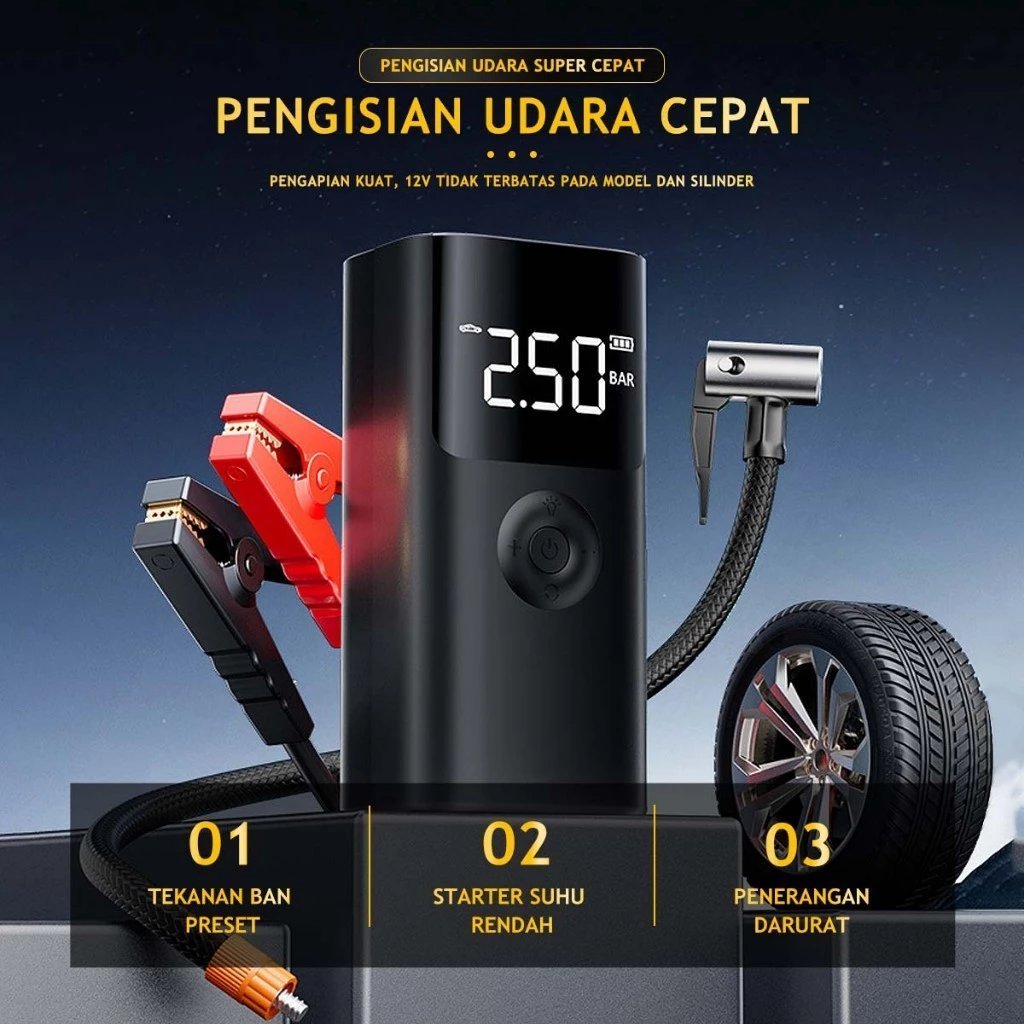 Jumper Aki Mobil Portable 10000mAh Dengan Pompa Ban Power Bank Dan Lampu Led Jumper Aki