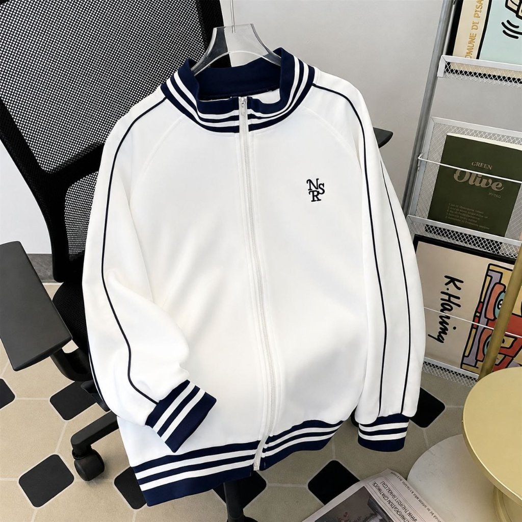 Jaket Tracktop Garis Vintage Jacket Sweater NSR Bordir  Fashion Wanita Unisex Oversize Bahan Fleece