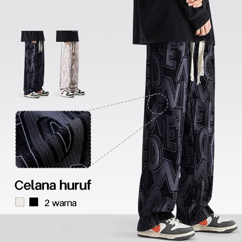 celana corduroy pria celana y2k kulot baggy pants  celana gombrong Pasangan Cetak Retro In Stock Tre