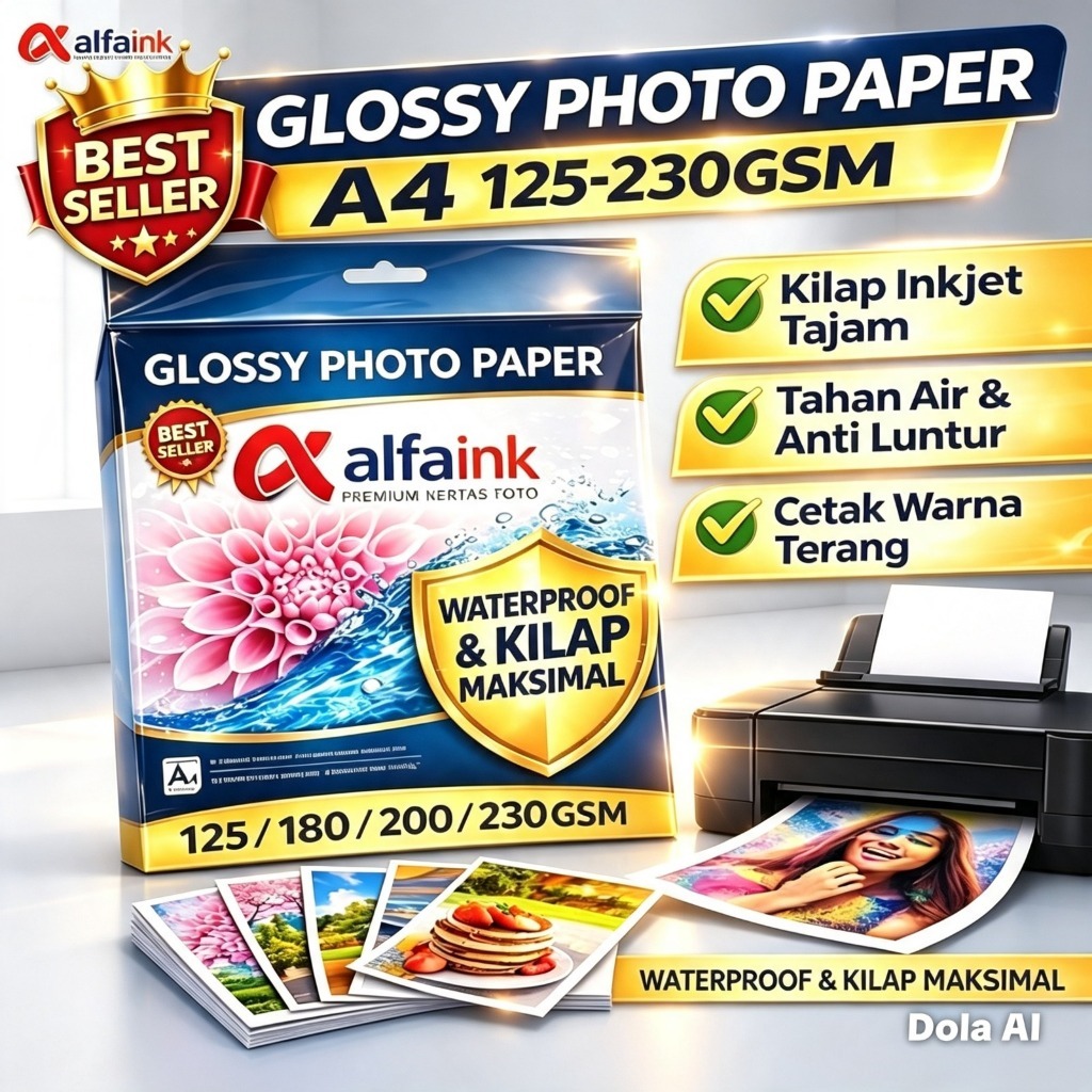 ALFAINK GLOSSY PAPER WATERPROOF - PREMIUM PAPER KERTAS FOTO A4 KERTAS FOTO CETAK PRINTER SP2