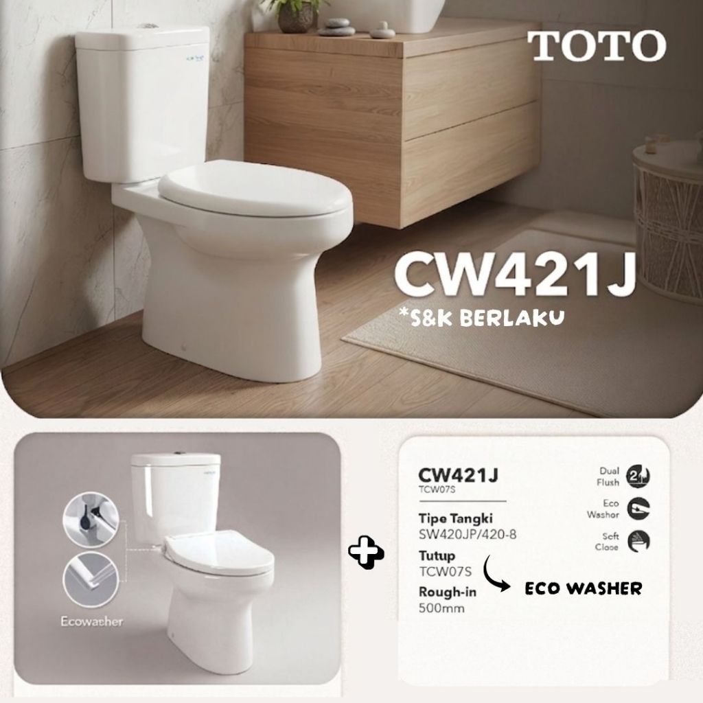 TOTO CLOSET DUDUK CW421J / CW 421 J / SW420JP / SW 420 JP + TUTUP ECOWASSER TCW07SW