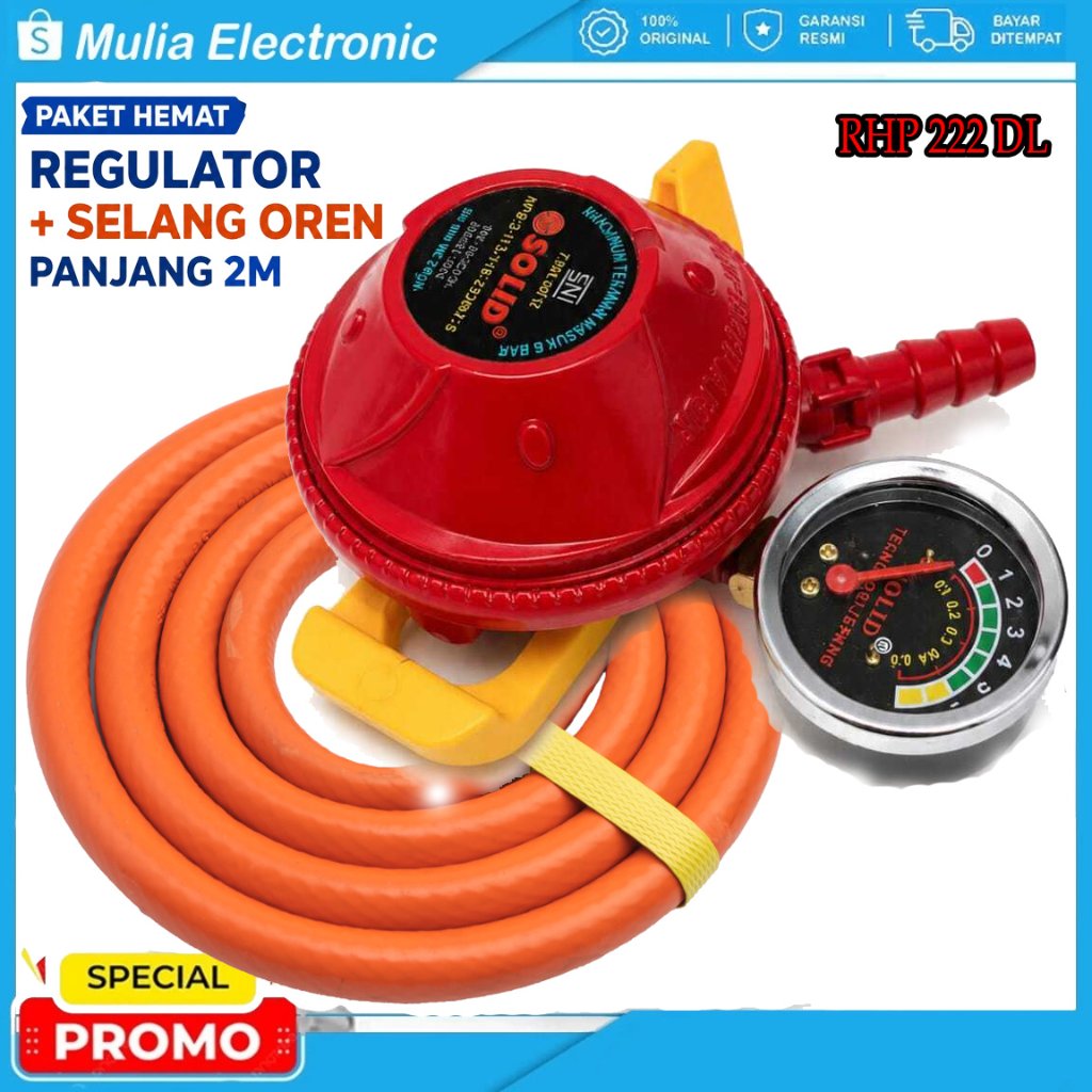 Regulator SOLID RHP 222 DL dengan Selang Oren Panjang 2M dan Manometer