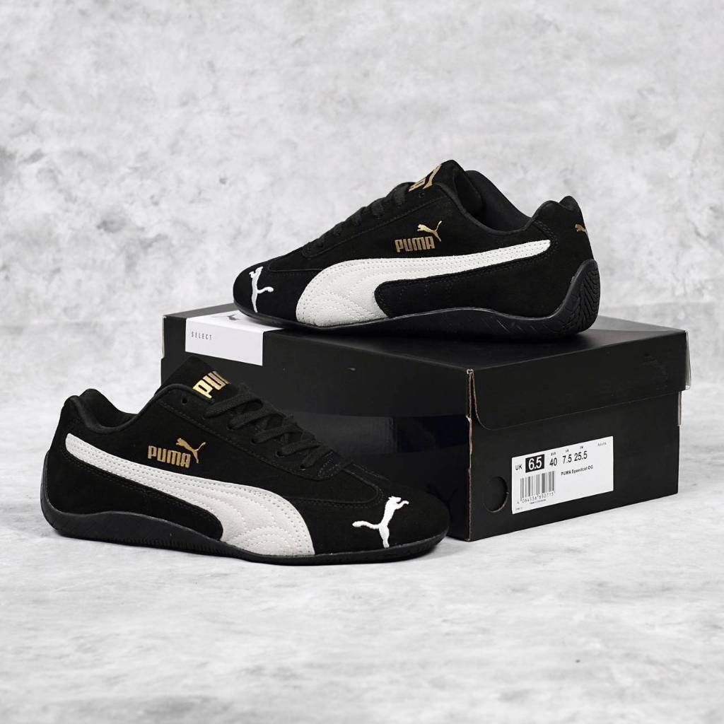 sepatu Sneakers Puma Speedcat OG Desain Elegan Warna Hitam Putih