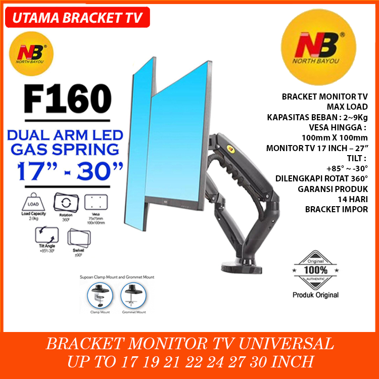 Bracket Monitor 2 Monitor Meja NB F160 NBF160 Monitor Arm 17-27 Inch VESA Adjustable Gas Spring Brac