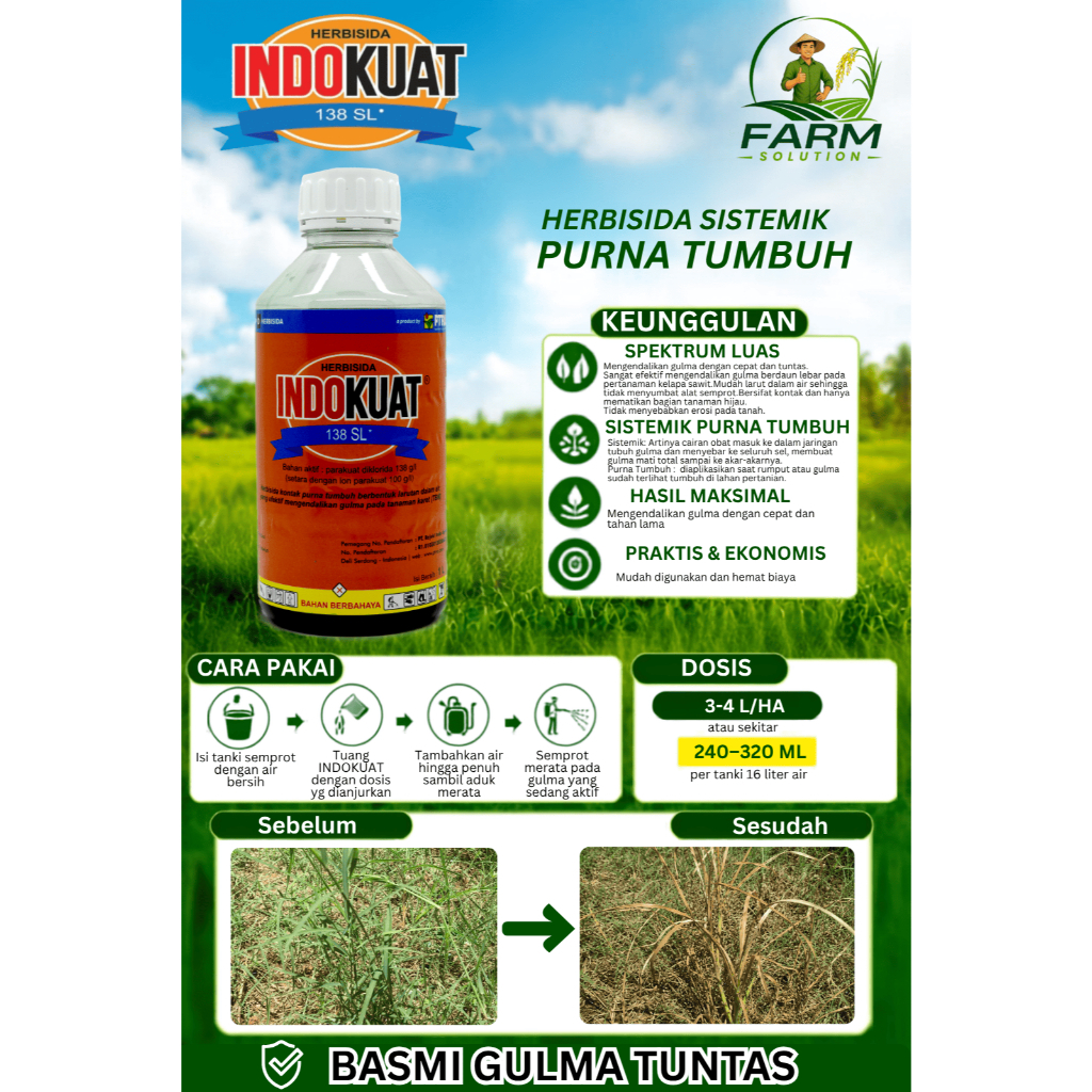 Herbisida Kontak Purna Tumbuh - INDOKUAT 138 SL - Bahan Aktif PARAKUAT DIKLORIDA 138 g/L