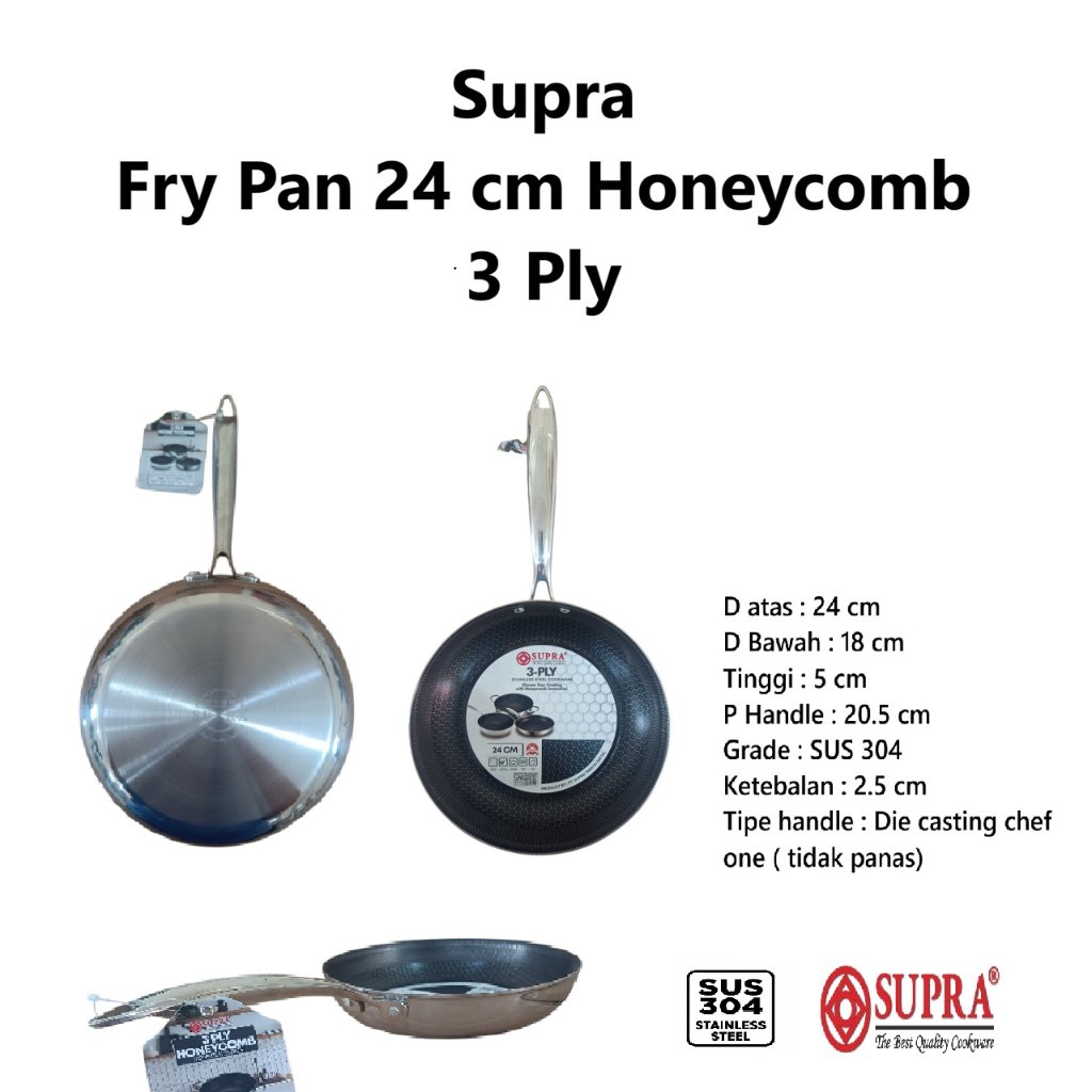 Supra Panci Wajan Penggorengan 3 PLY Stainless Steel SUS 304 Fry Pan 24 cm Honeycomb Series