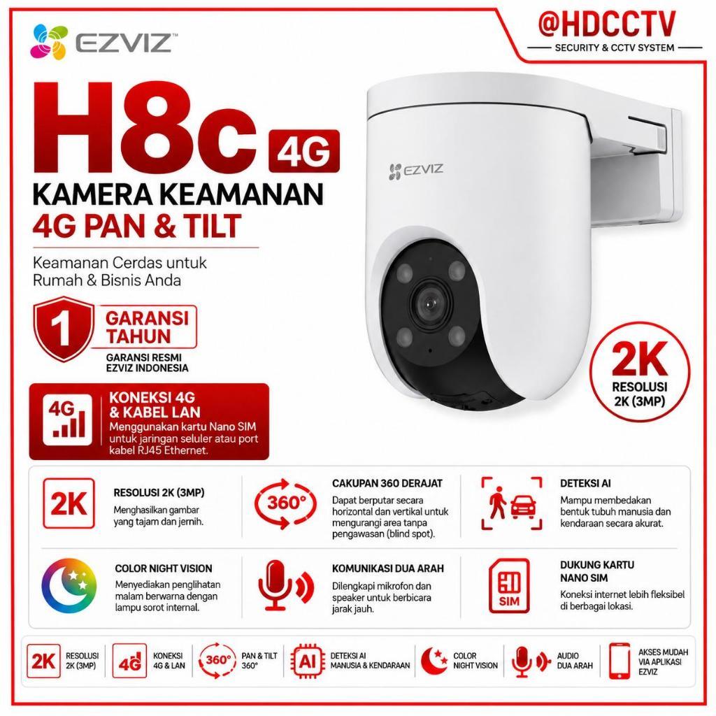 Ezviz H8c 4G 2K 3MP Outdoor PTZ Color Night Sim Card w/ LAN Port - H8c 4G 3MP
