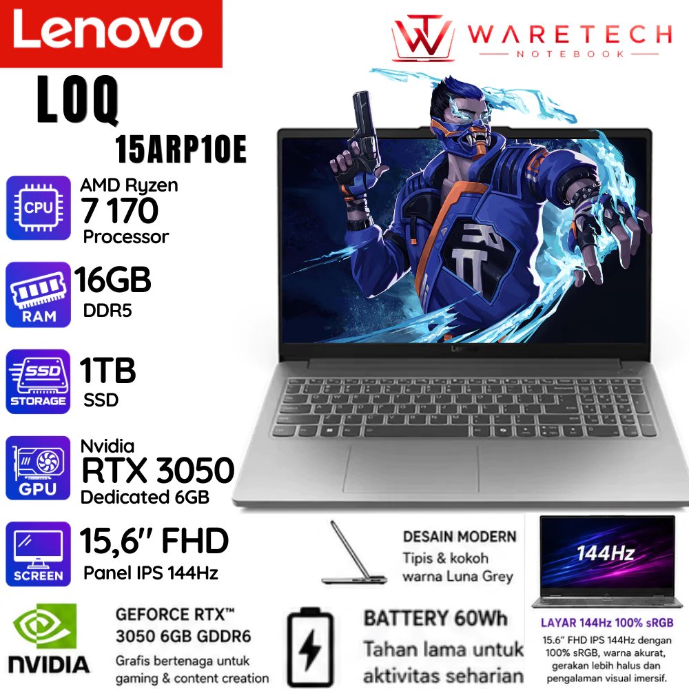 Lenovo LOQ 15ARP10E AMD Ryzen 7 32GB DDR5 1TB 15 Inch Full HD 144Hz 100% sRGB Nvidia RTX 3050 6GB